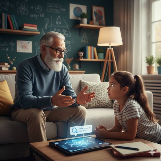 El Abuelo Nerdo conversando con su nieta, mostrando curiosidad y aprendizaje.
